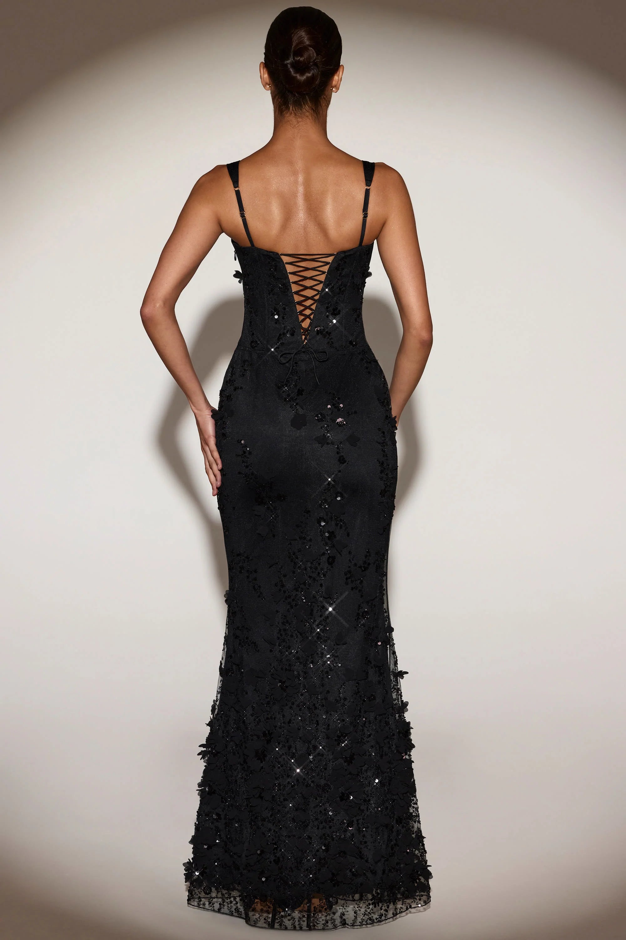 Embellished Appliqué Soft Scoop Corset Gown in Black
