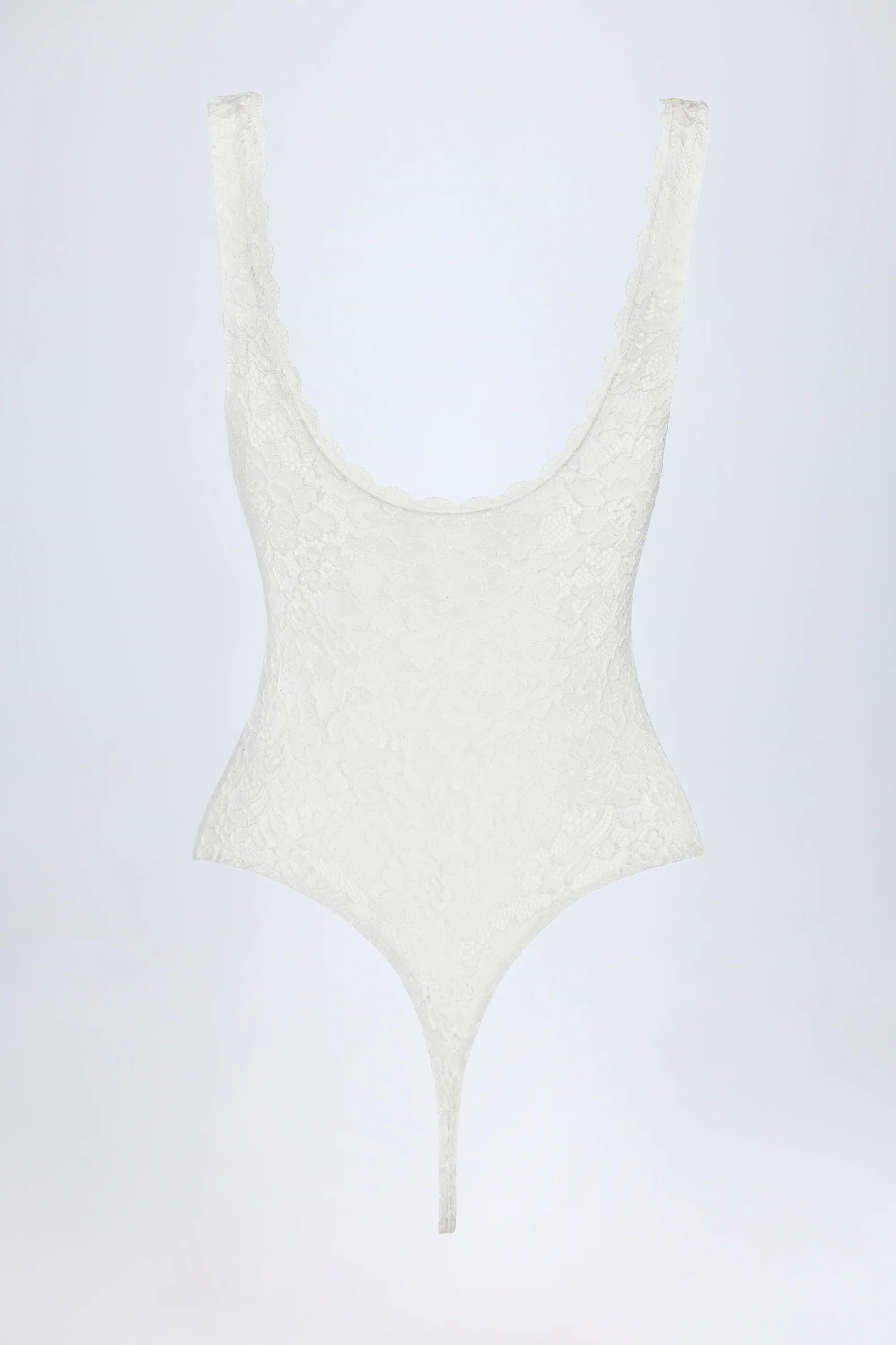 Sheer Lace Scalloped Plunge Neck Bodysuit in White