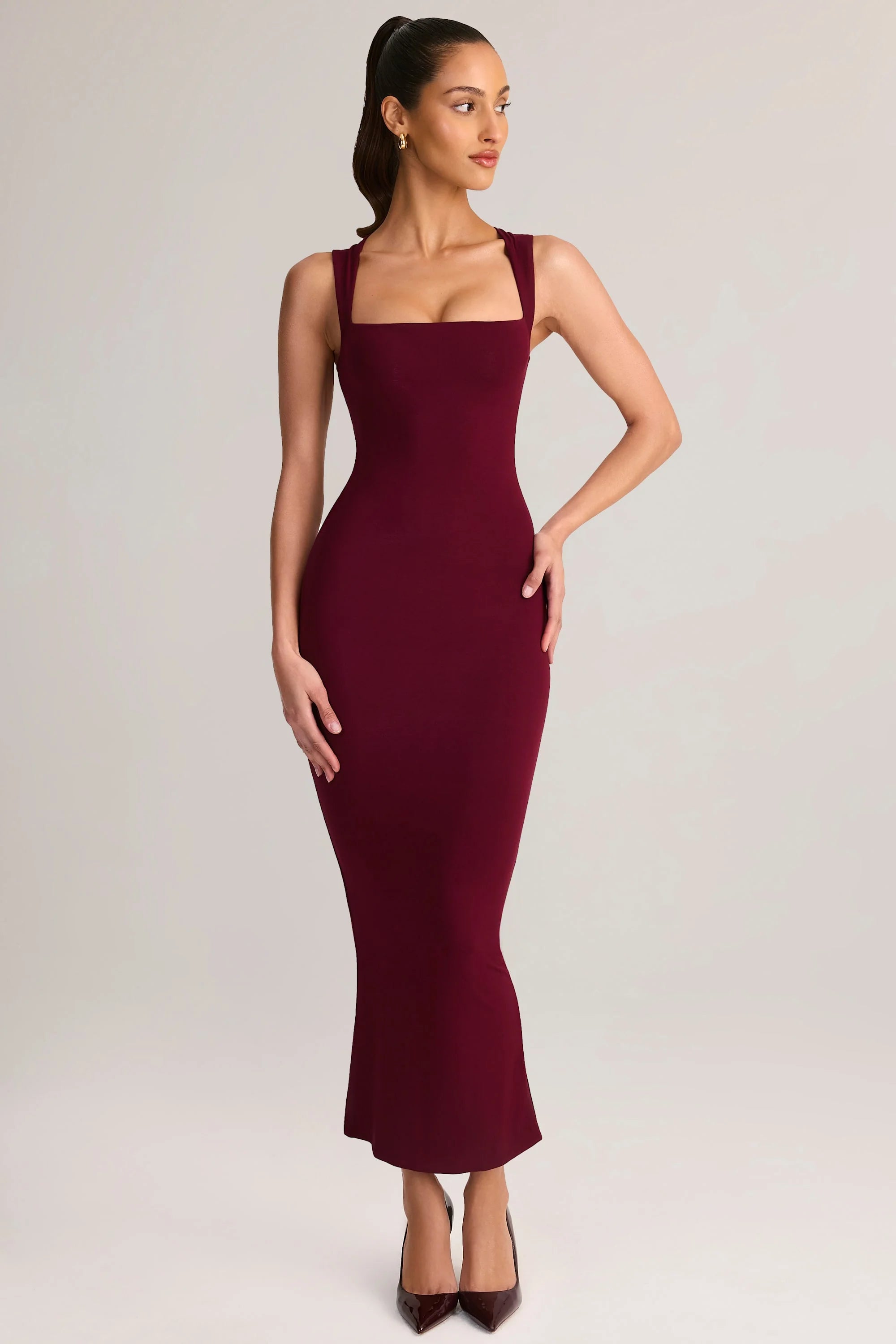 Modal Square Neck Bodycon Midi Dress in Wine