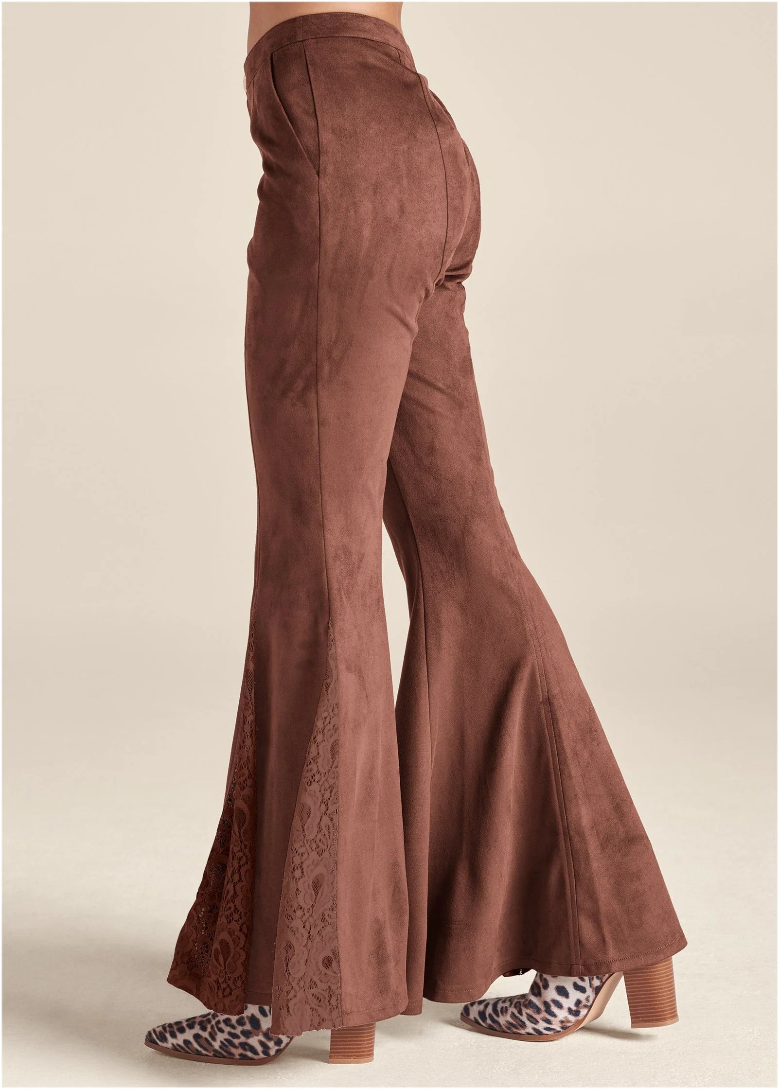 Faux Suede Flare Pants Brown Multi