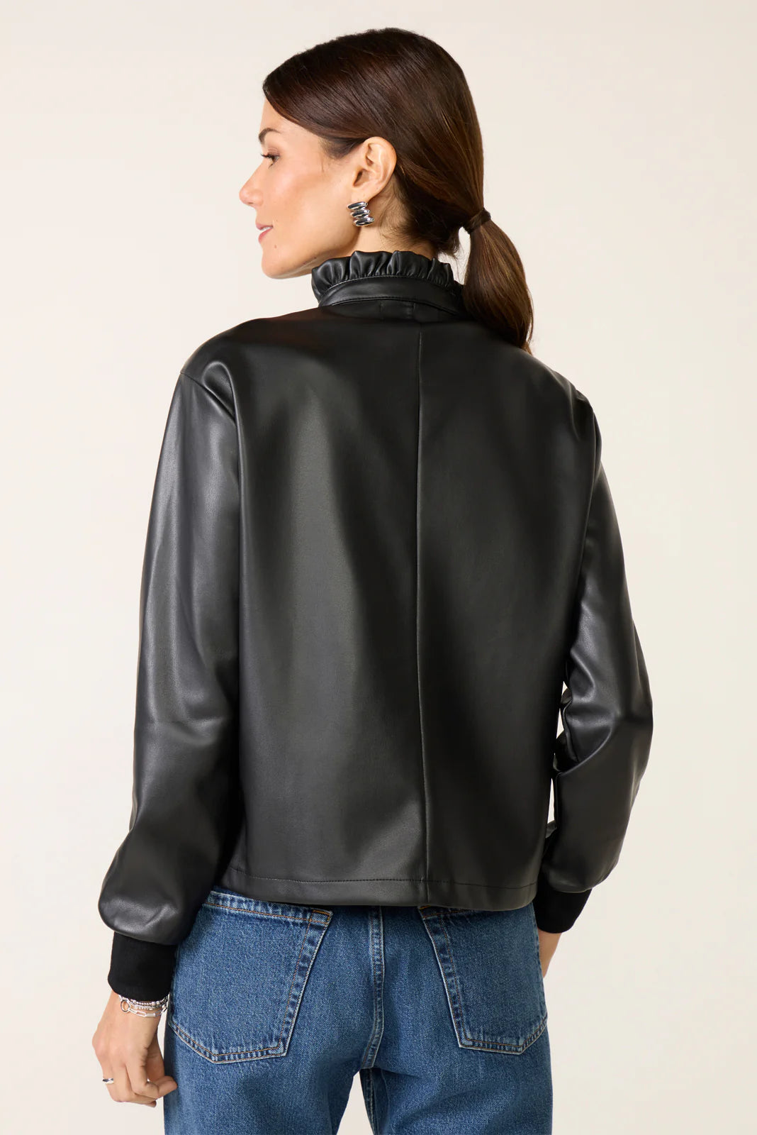 Faux Leather Ruffle Neck Shirt