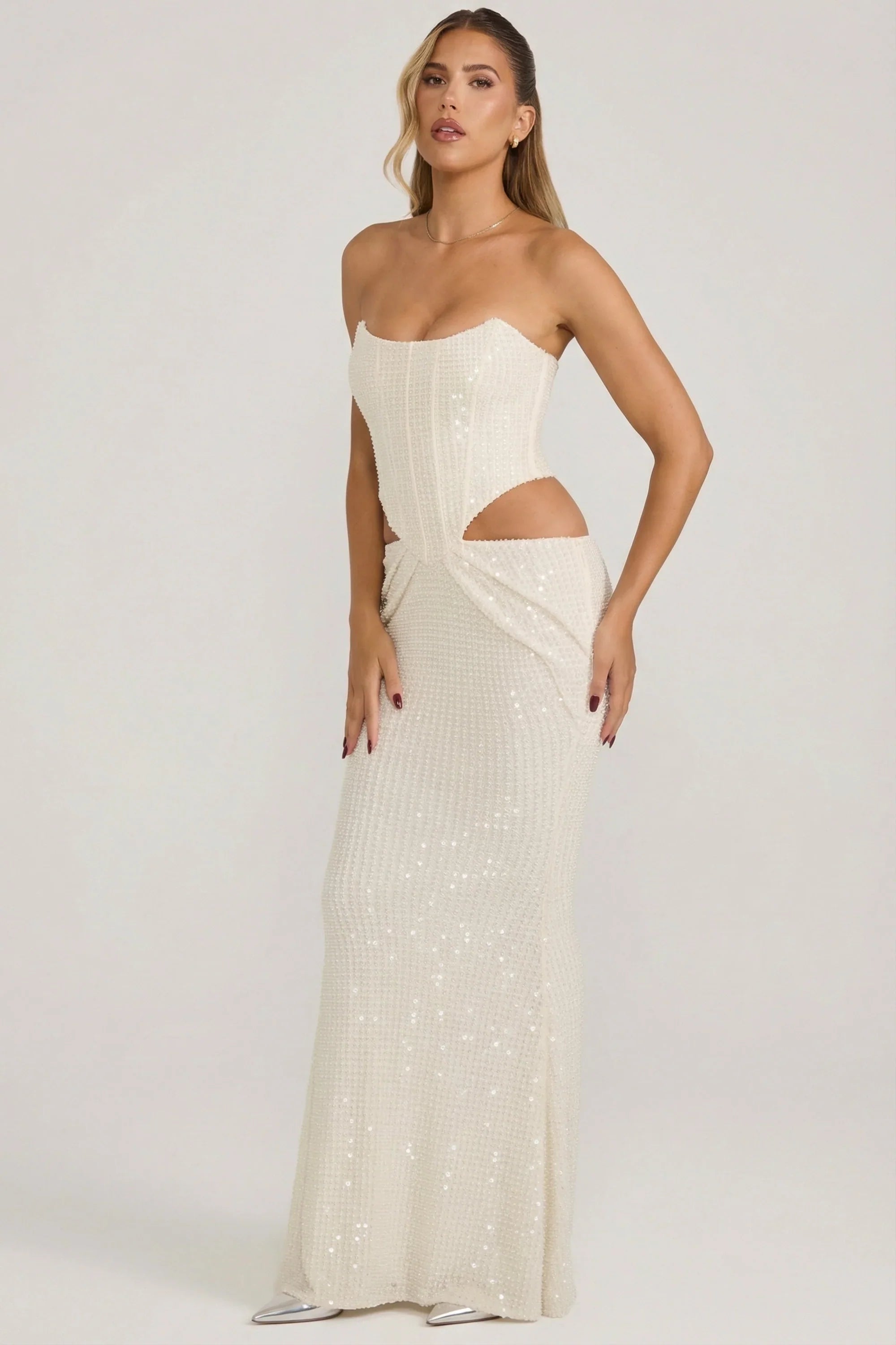Embellished Cut Out Draped Corset Gown in White