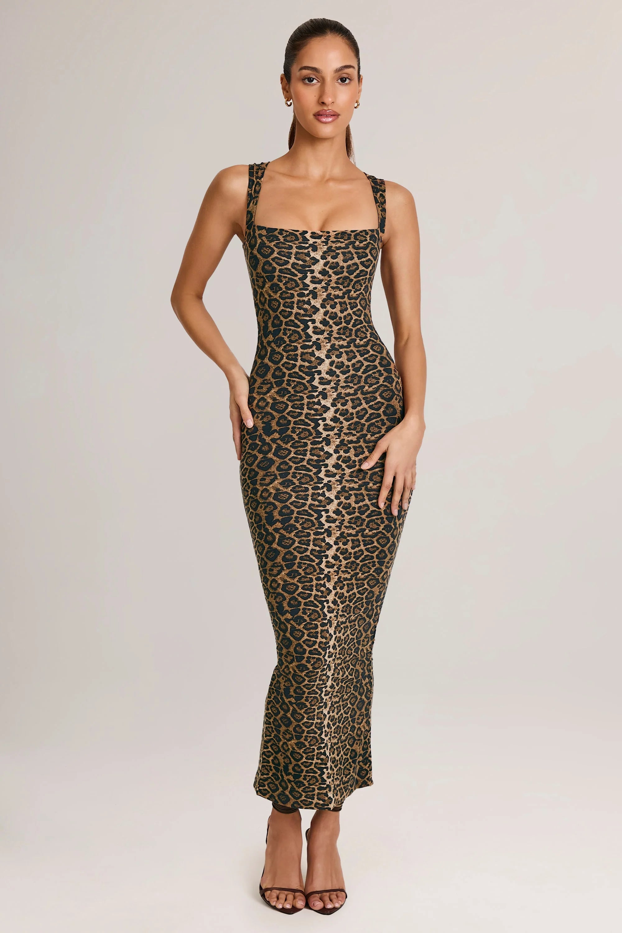 Modal Square Neck Bodycon Midi Dress in Leopard Print