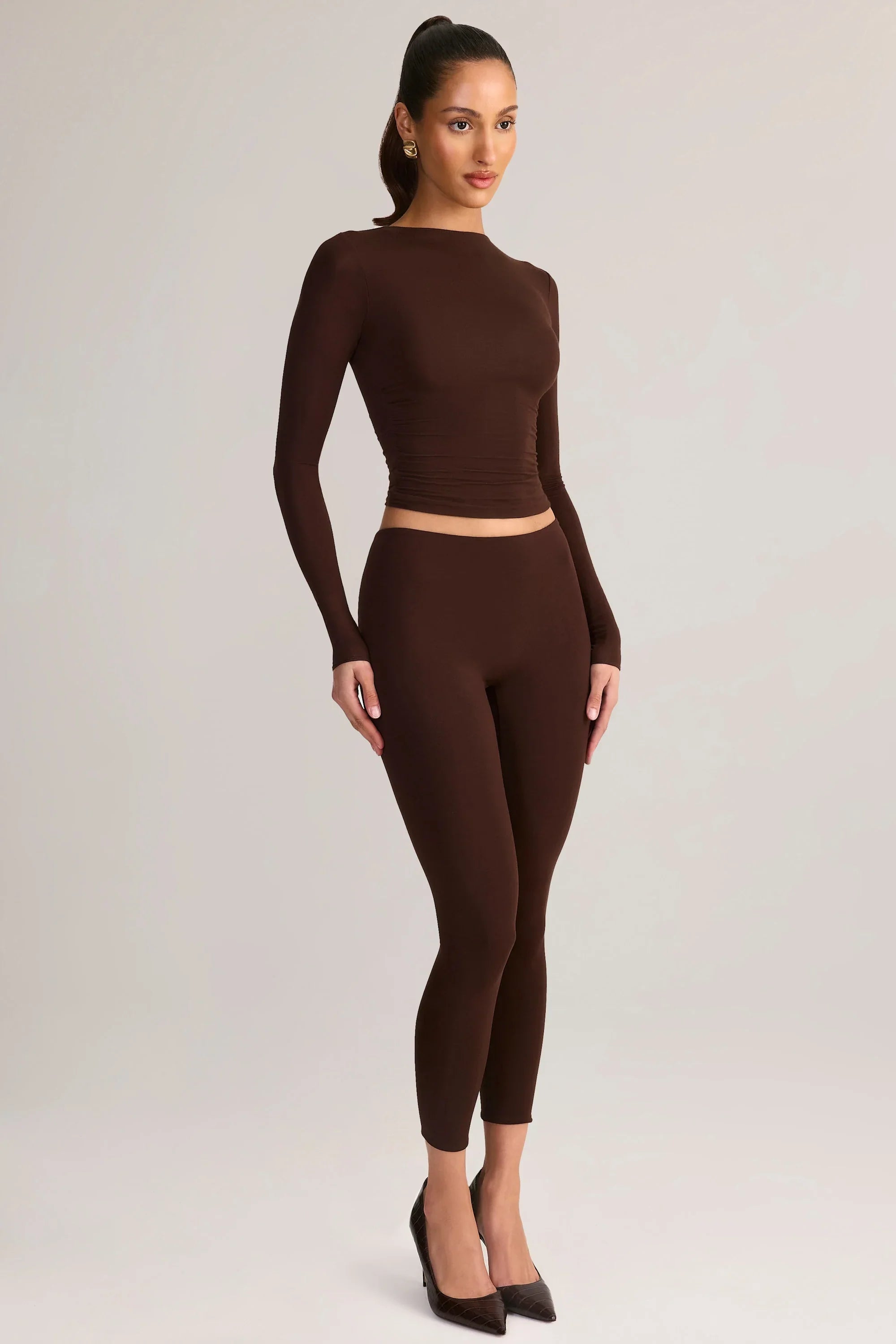 Modal Mid Rise Cropped Leggings in Chocolate Brown