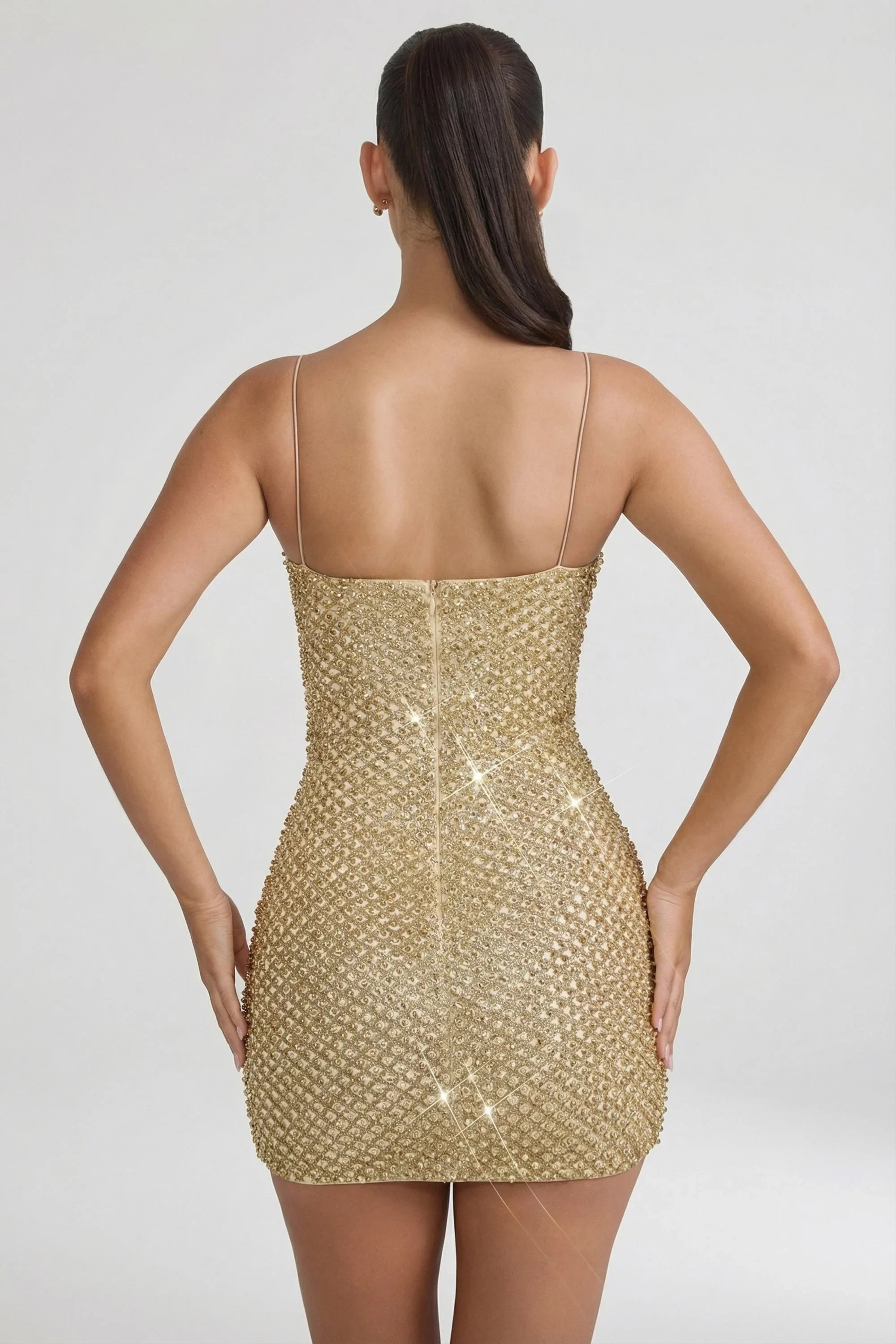 Embellished Sweetheart Neck Mini Dress in Gold