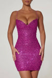 Embellished Sweetheart Neck Mini Dress in Magenta