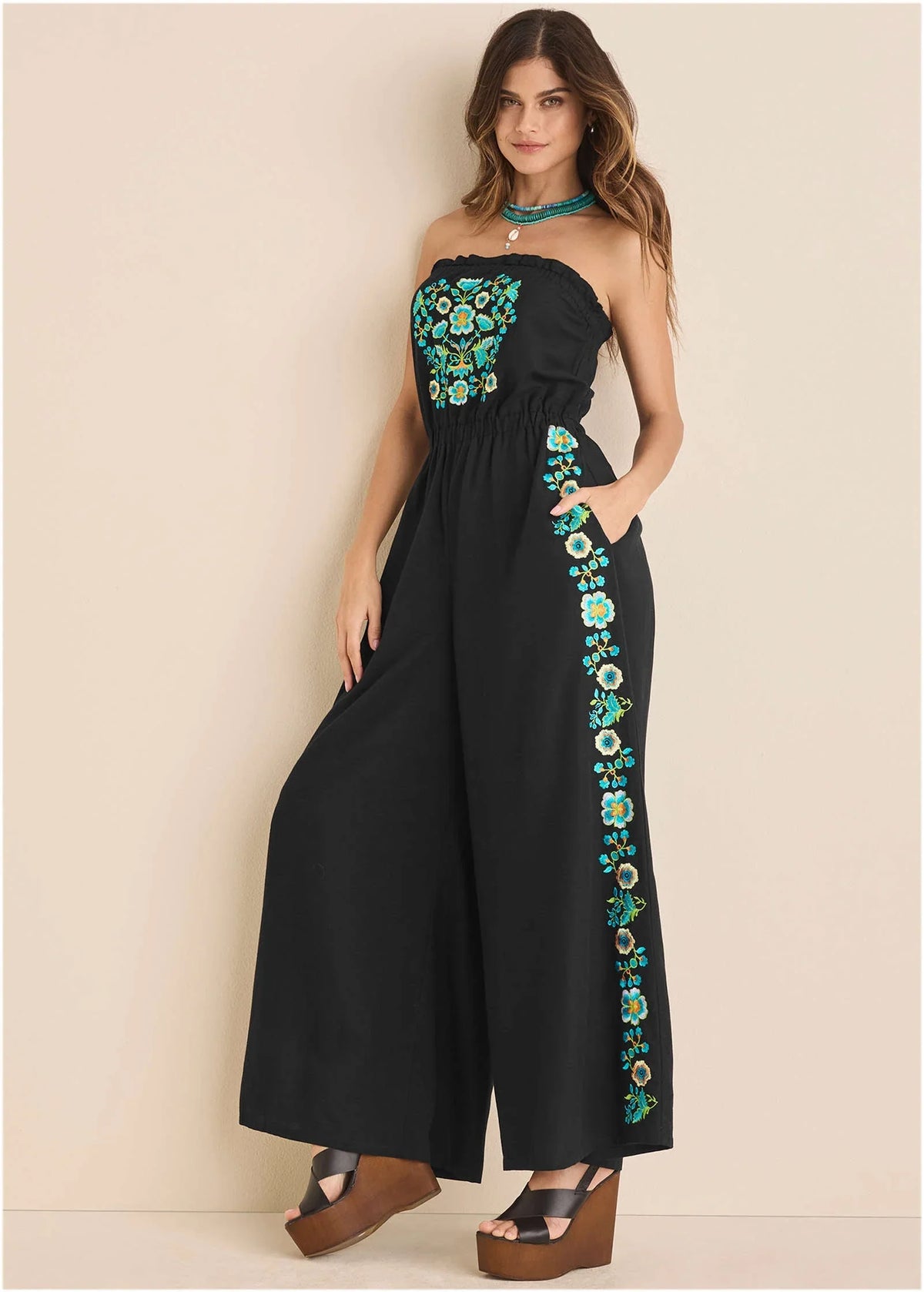 Strapless Linen Jumpsuit Black Blue