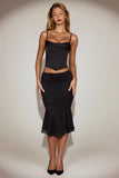 Satin Cowl Neck Lace Up Corset Top in Black