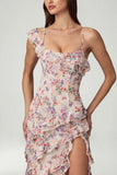 Asymmetric Ruffled Lace Up Gown in Primrose Floral Print