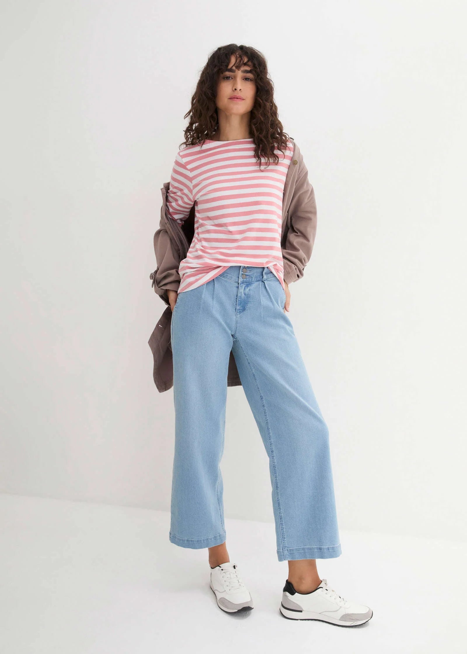 Boat Neck Striped Top Pale Pink White