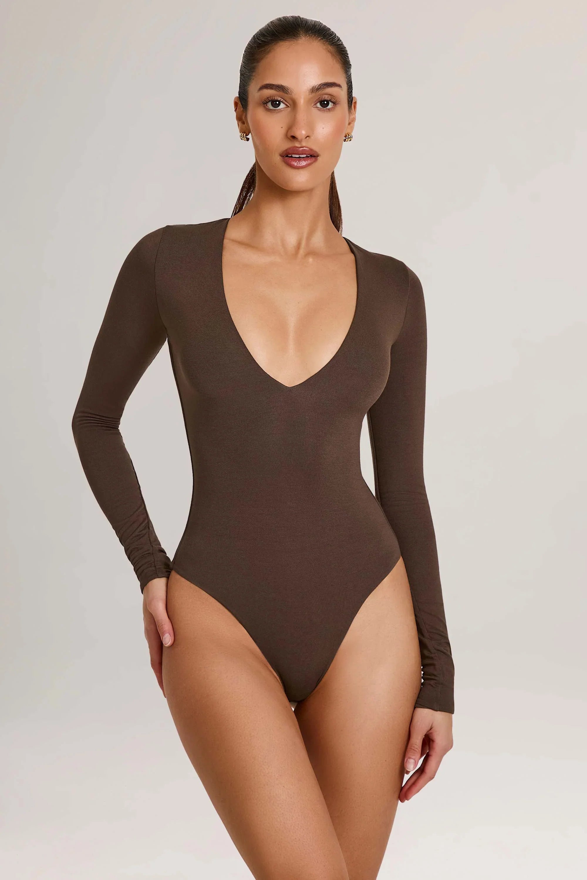 Modal Plunge Long Sleeve Bodysuit in Chocolate Brown