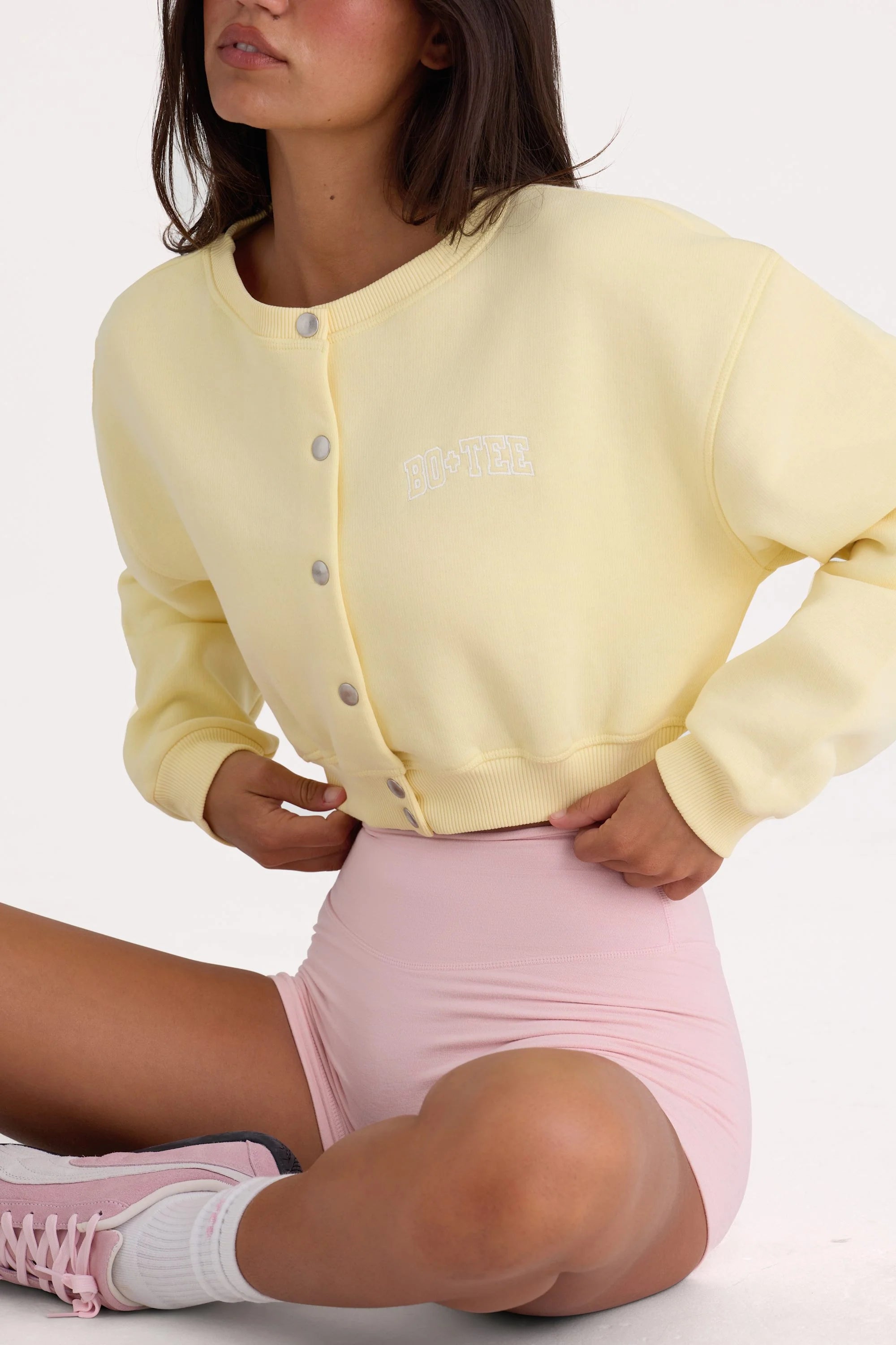 Brushed Jersey Button Up Cropped Cardigan in Lemon