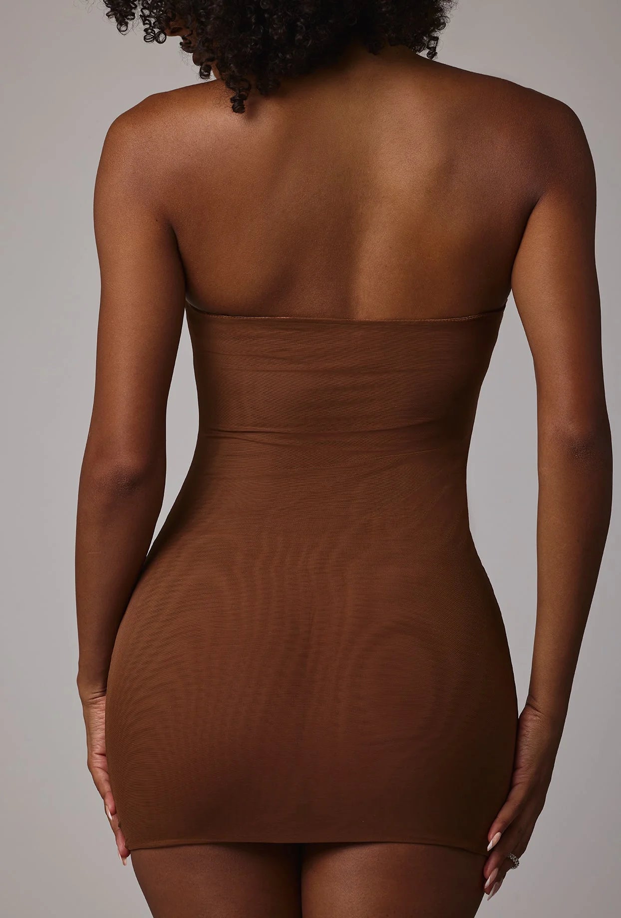 Soft Sheer Mesh Bandeau Mini Slip Dress in Mocha