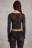 Sheer Lace Plunge Neck Long Sleeve Top in Black
