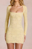 Scalloped Lace Long Sleeve Mini Dress in Lemon Yellow
