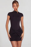 Jersey Turtleneck Ruched Backless Mini Dress in Black