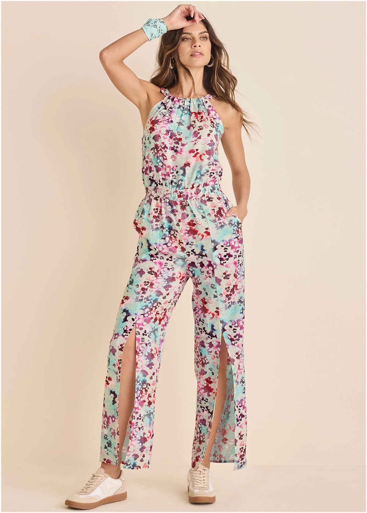 Linen Front Slit Jumpsuit Gouache Leopard Multi