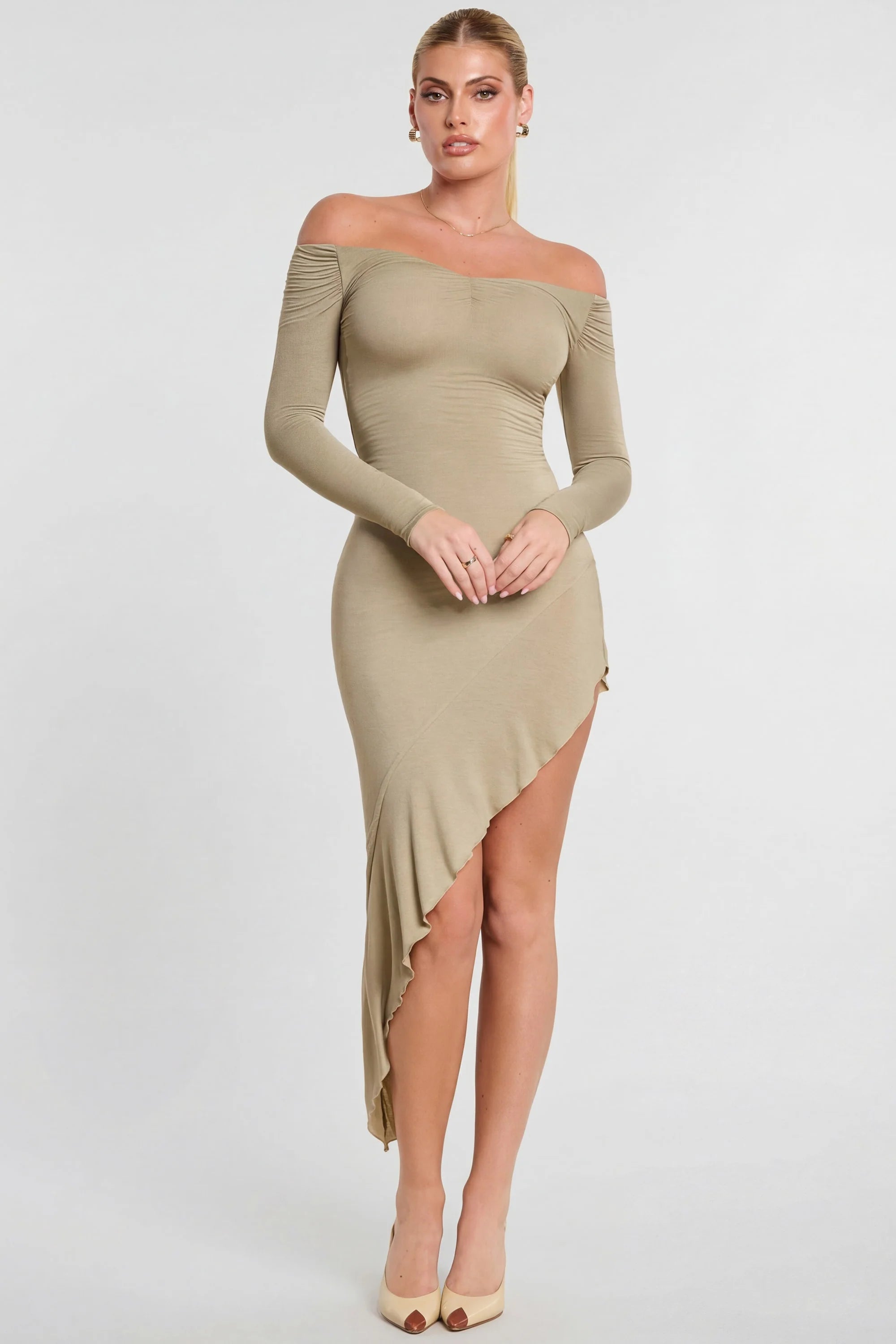 Long Sleeve Off The Shoulder Modal Cashmere Blend Maxi Dress in Taupe