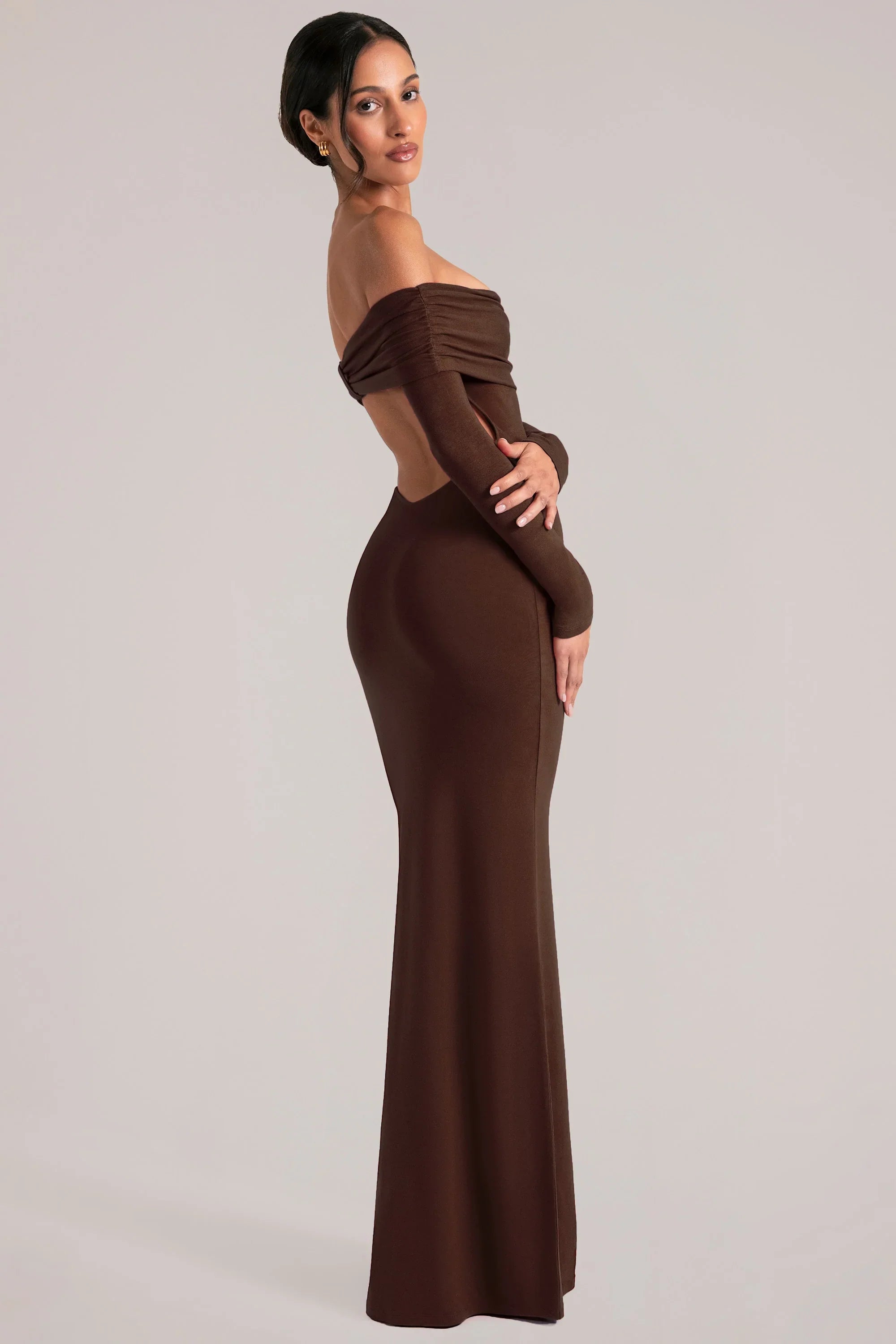 Off Shoulder Long Sleeve Maxi Dress in Chocolate Brown