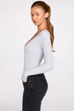 Ribbed Modal Long Sleeve Plunge Bodysuit in Grey