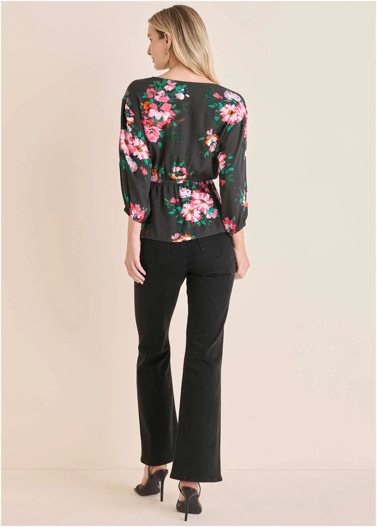 Tie Waist Blouson Top Black Crisp Bouquet