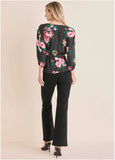 Tie Waist Blouson Top Black Crisp Bouquet