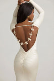 Bow Detail Ruched Maxi Dress in Ivory