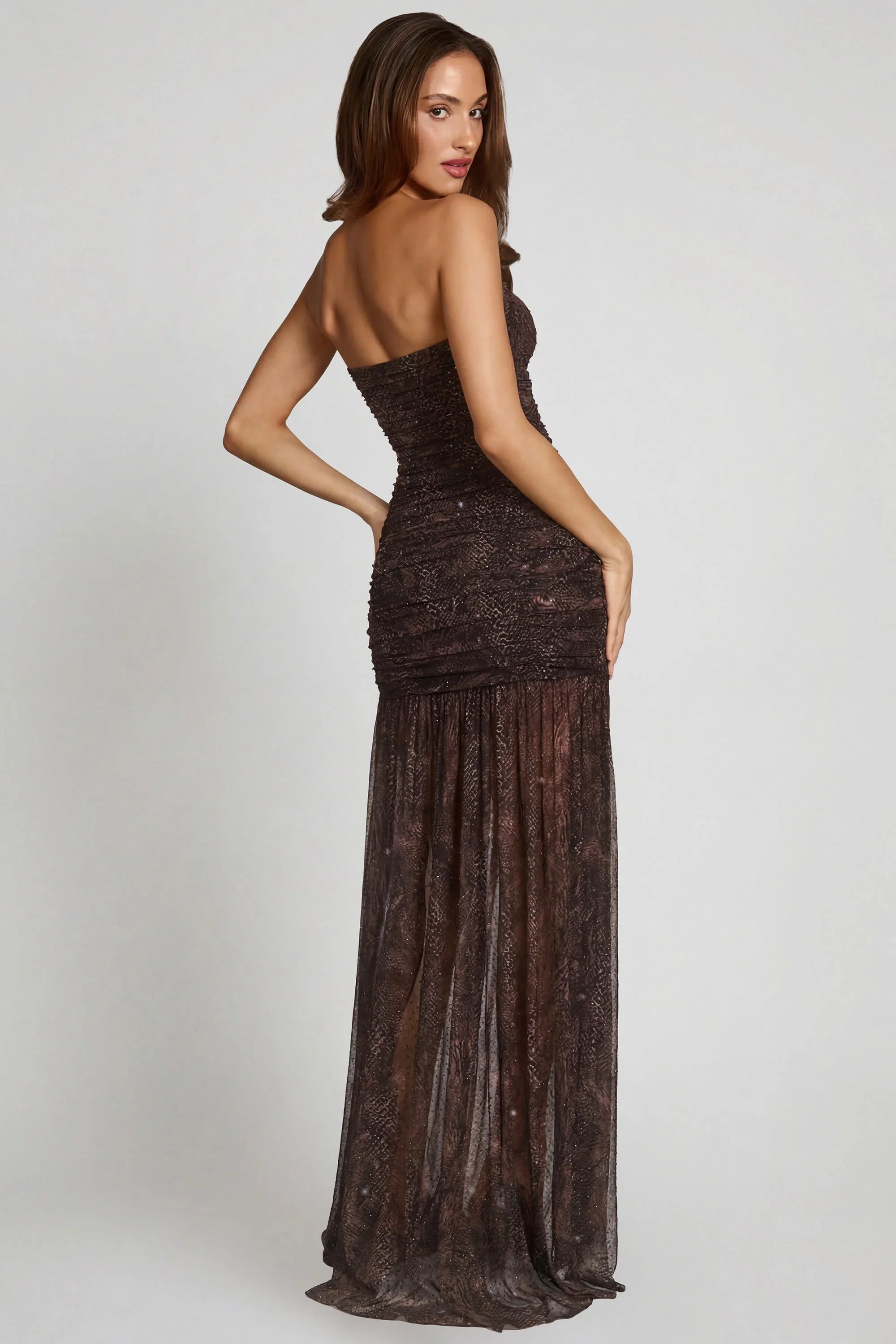 Embellished Bandeau Gathered Maxi Dress in Snake Hotfix