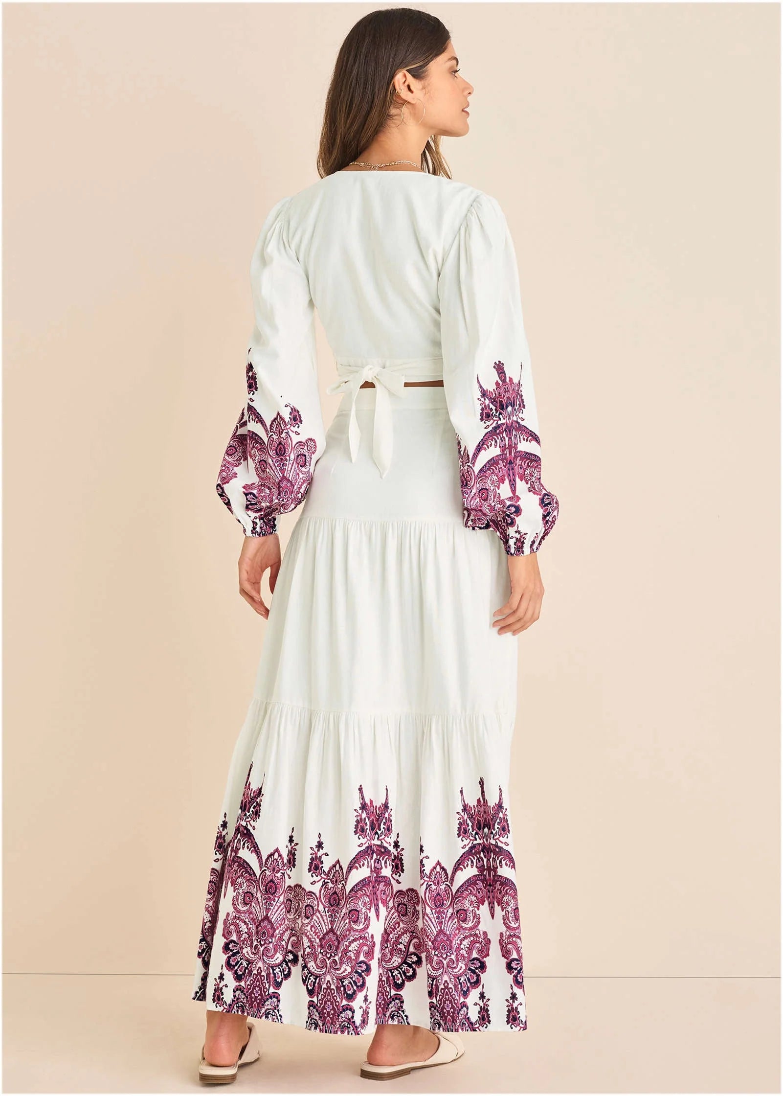 Printed Linen Two Piece Set Pink Boho Paisley Border