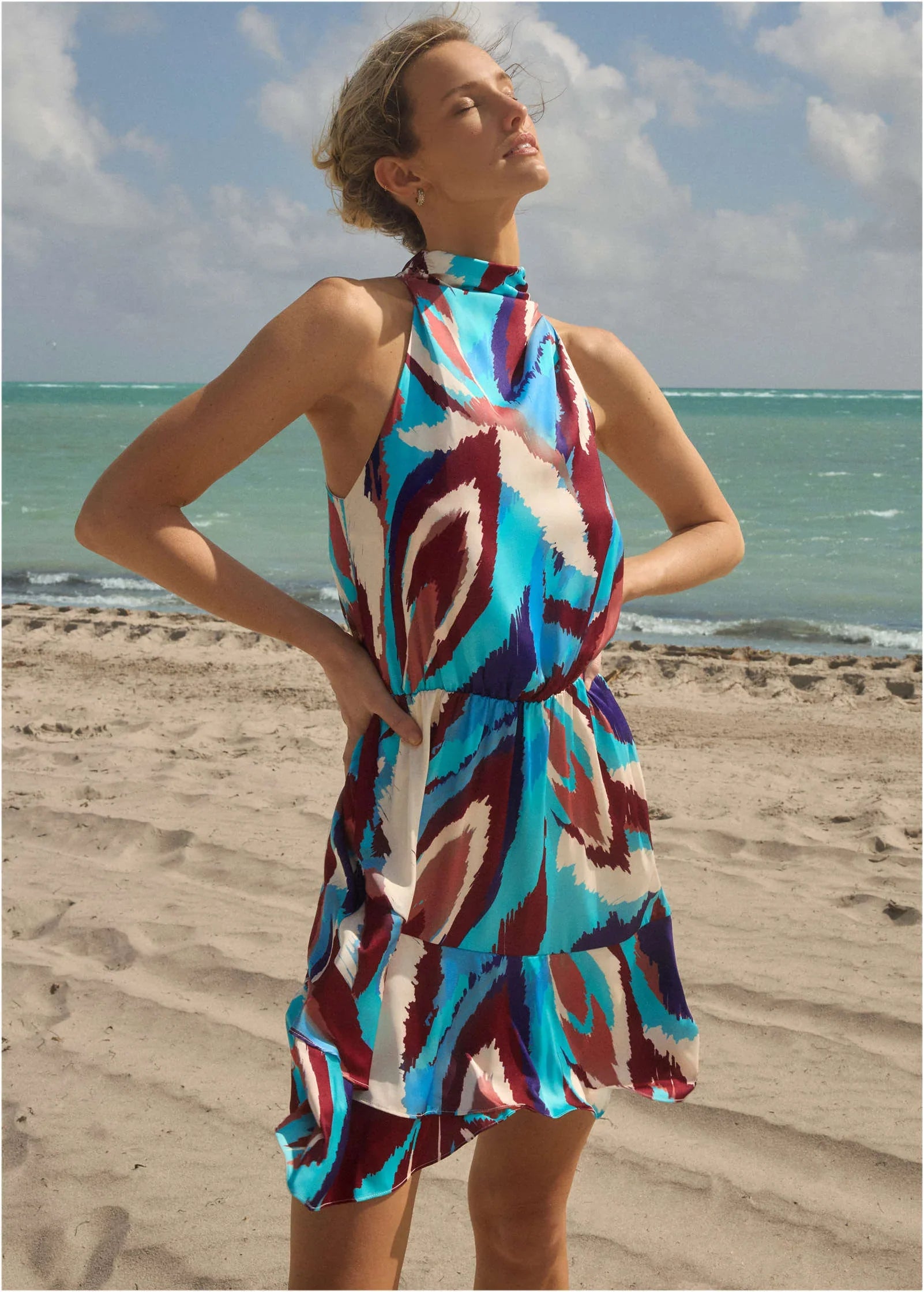 Printed Halter Mini Dress Ikat Flowers