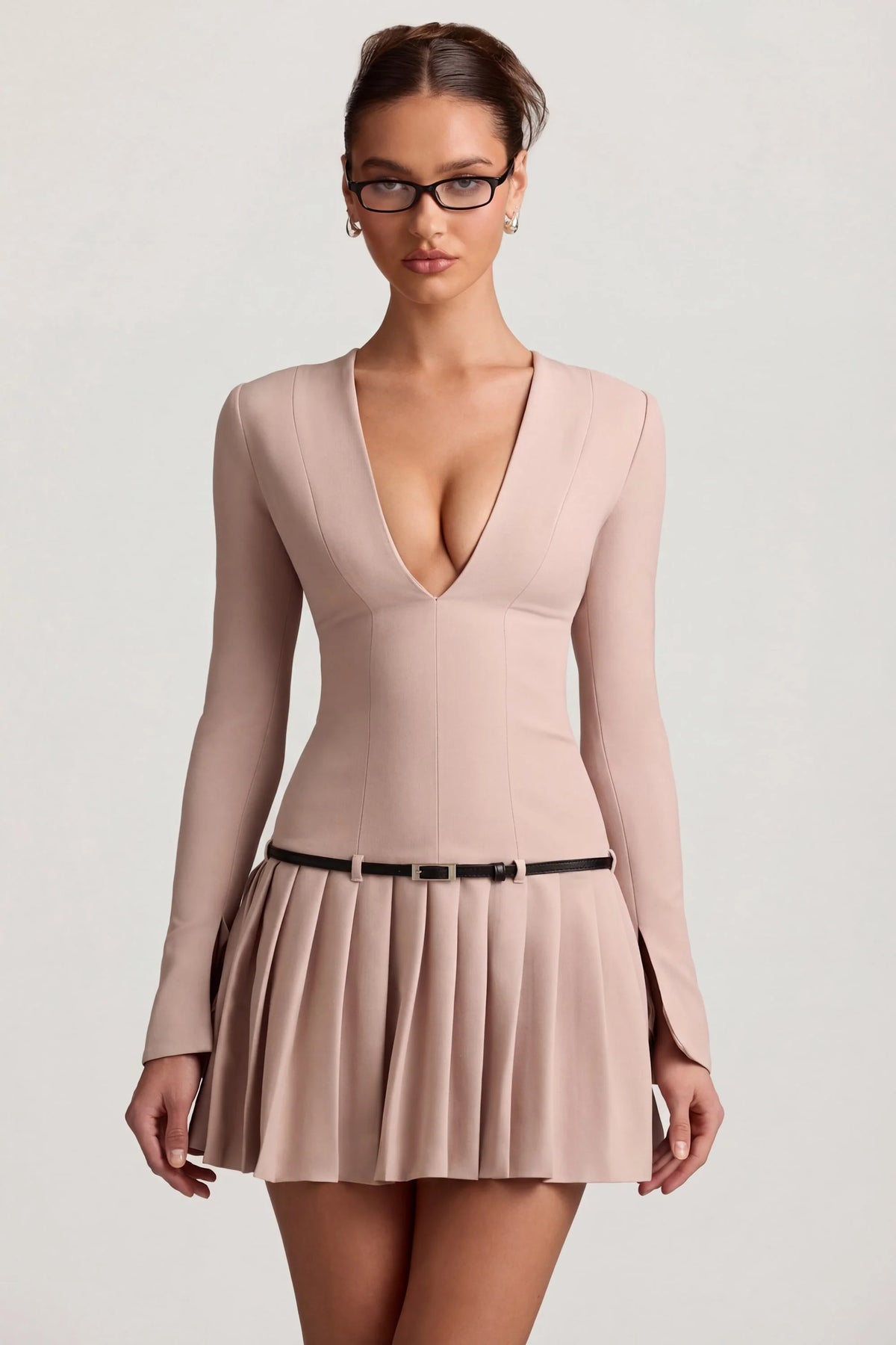 Long Sleeve Pleated Mini Dress in Mushroom