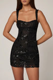 Embellished A line Mini Dress in Black