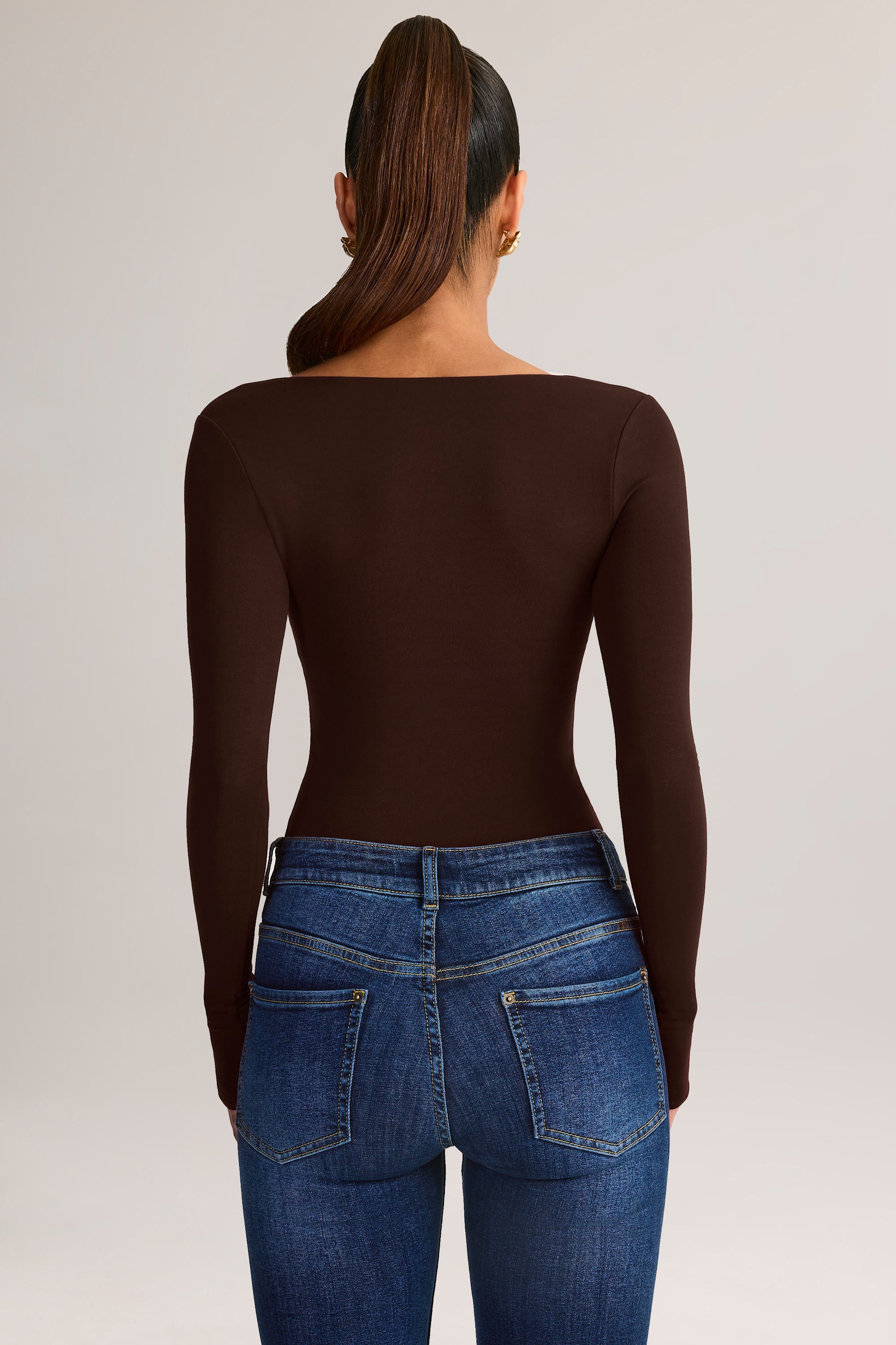 Modal Square Neck Long Sleeve Top in Chocolate Brown