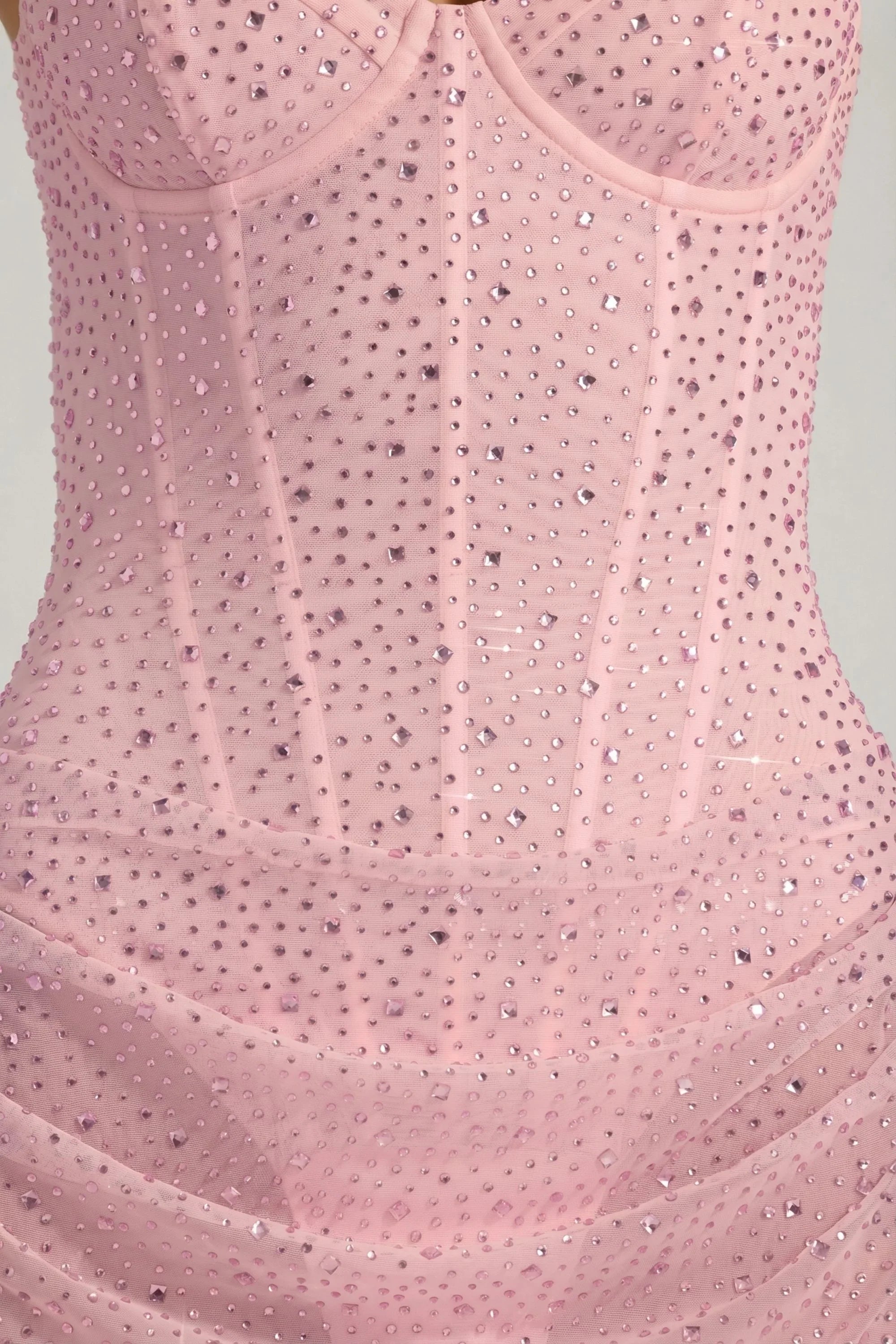 Semi Sheer Embellished Draped Corset Mini Dress in Pink
