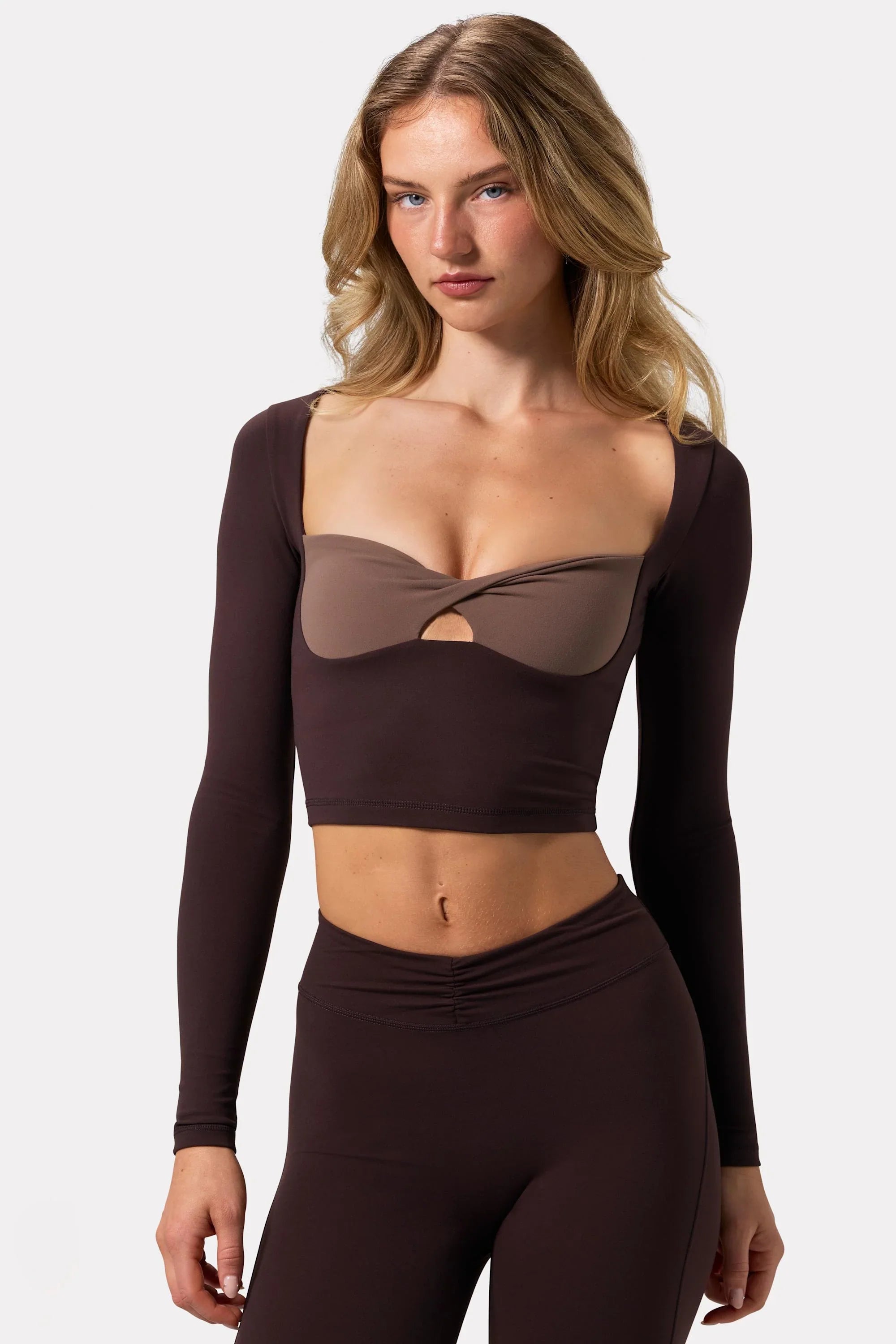 Soft Active Twist Front Crop Top in Espresso