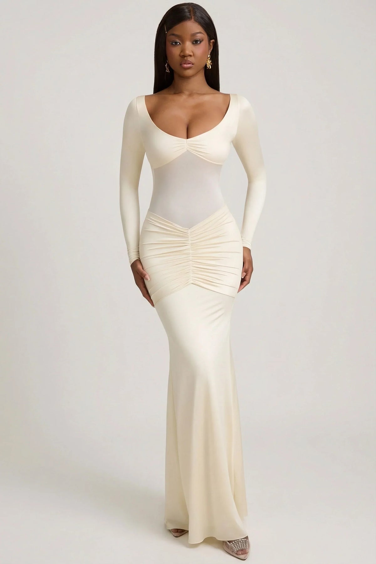 Bow Detail Ruched Maxi Dress in Ivory