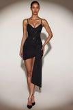 Embellished V Neck Draped Corset Mini Dress in Black