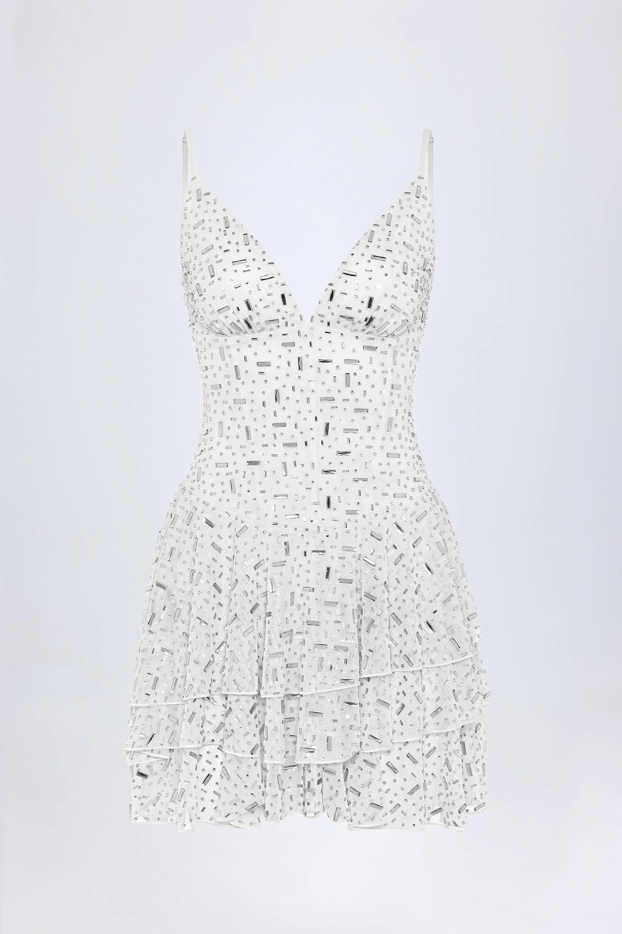 Embellished Ruffled Tiered Mini Dress in White