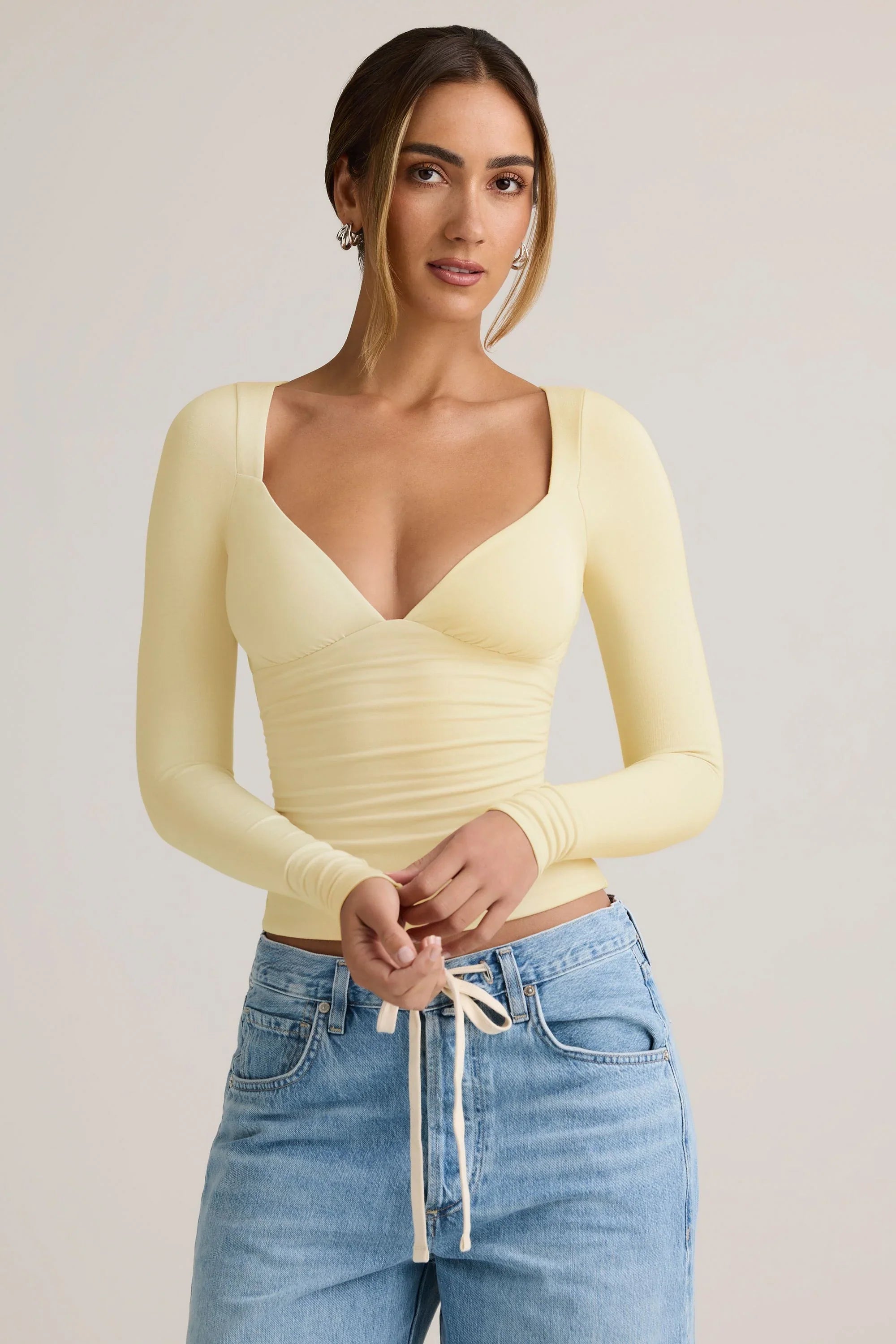 Modal Ruched Long Sleeve Top in Buttercream Yellow