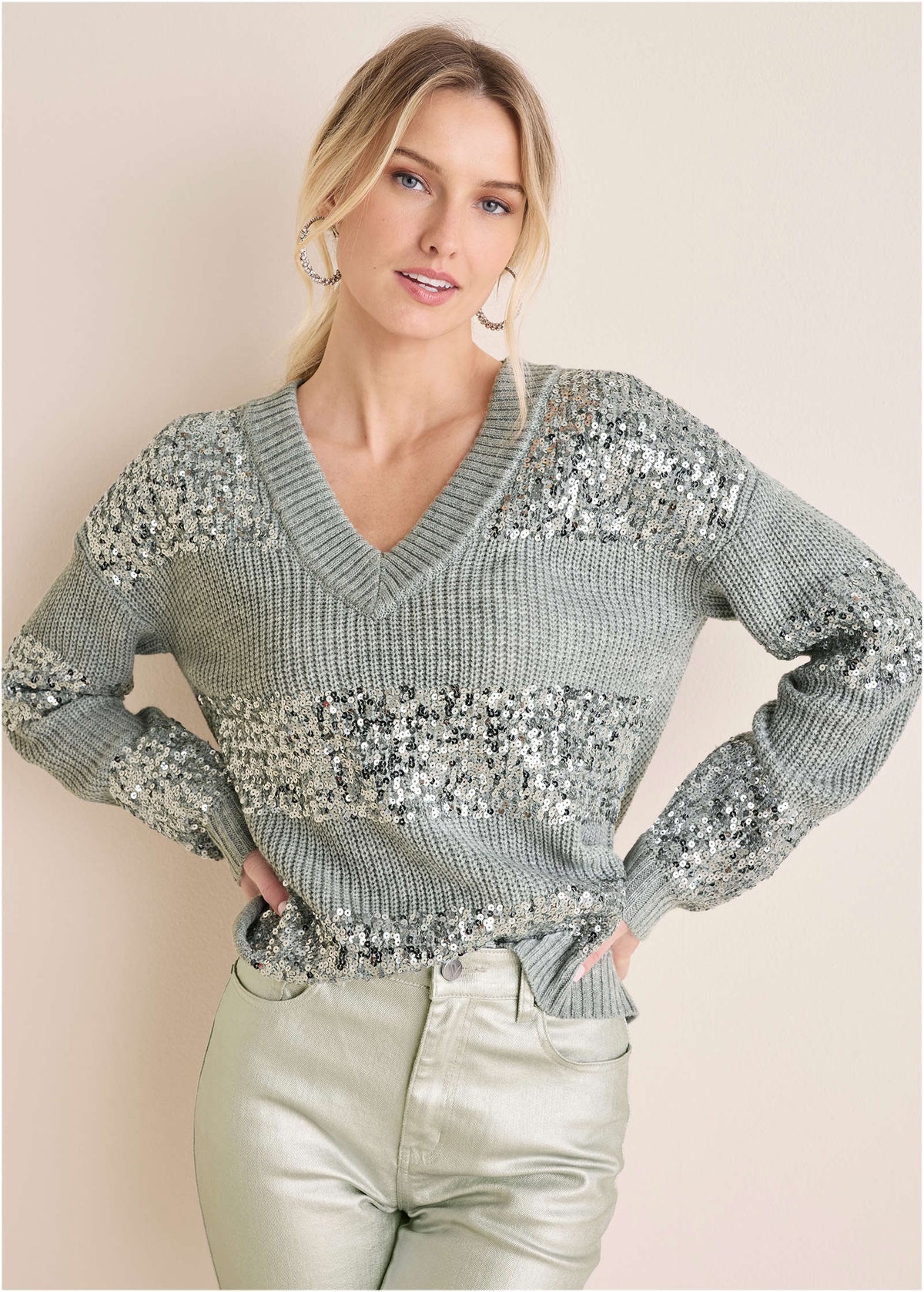 Sequin V Neck Sweater Light Heather Grey