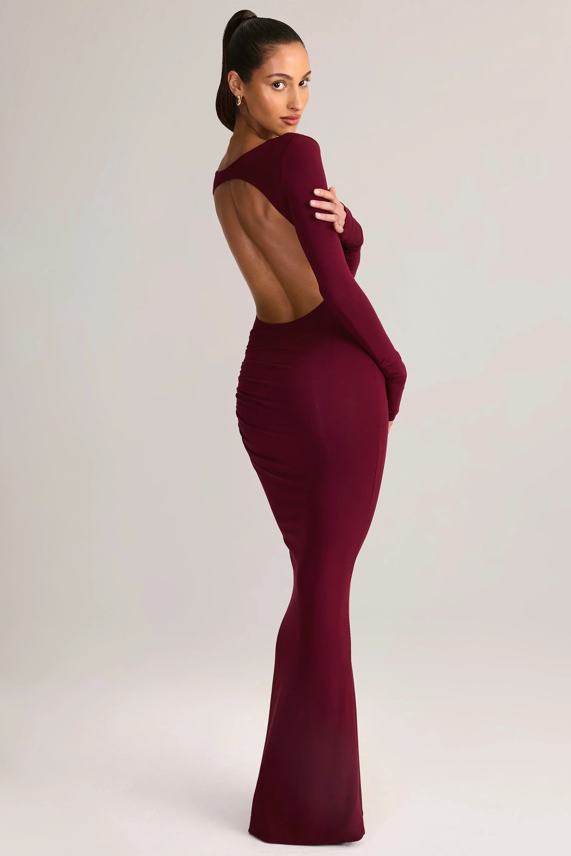 Modal Ruched Backless Maxi Dress in Wine