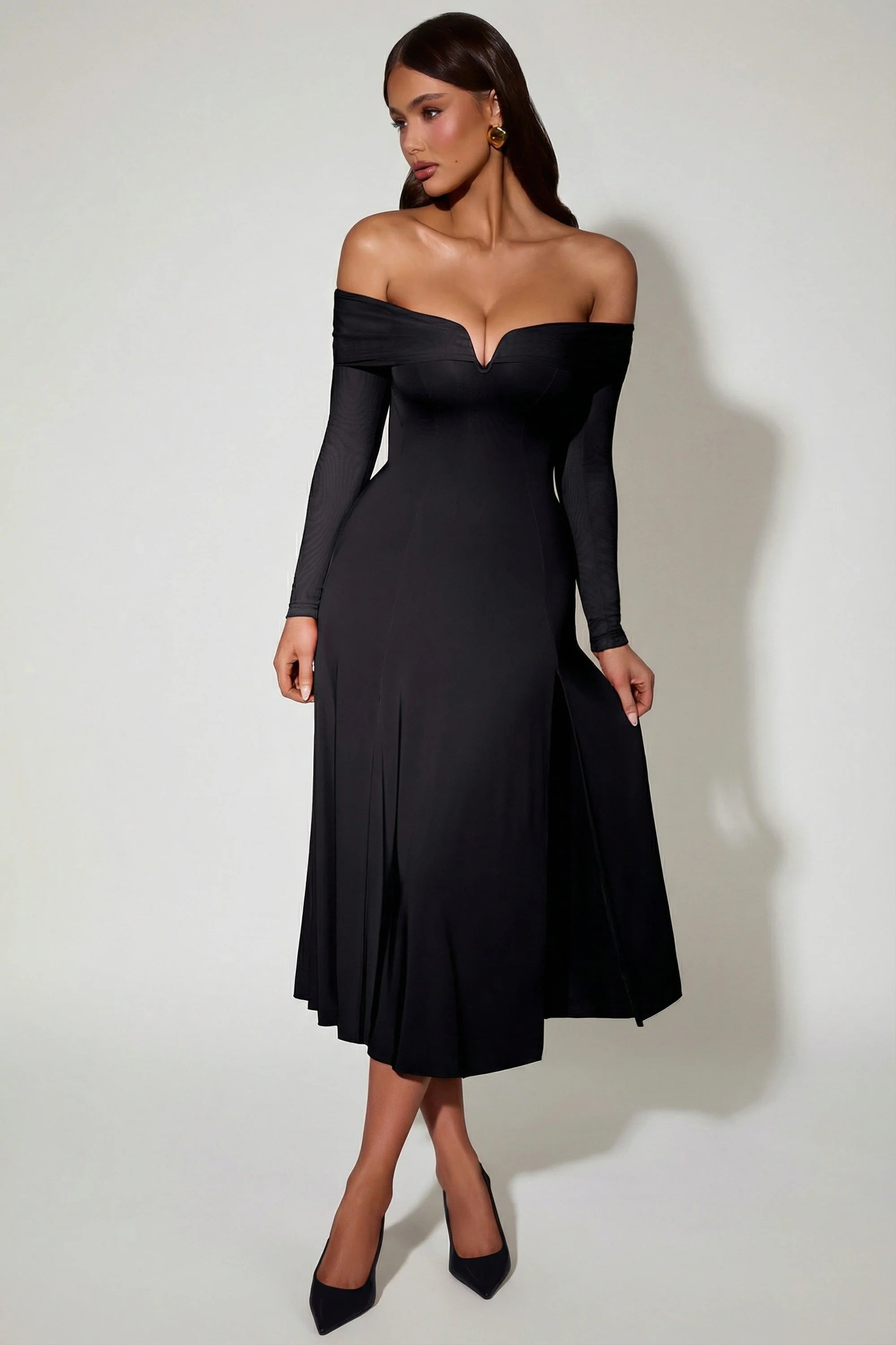 Off Shoulder Lace Up A Line Midaxi Dress in Black