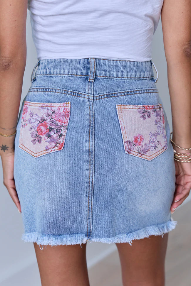 Addison Floral Inset Denim Mini Skirt