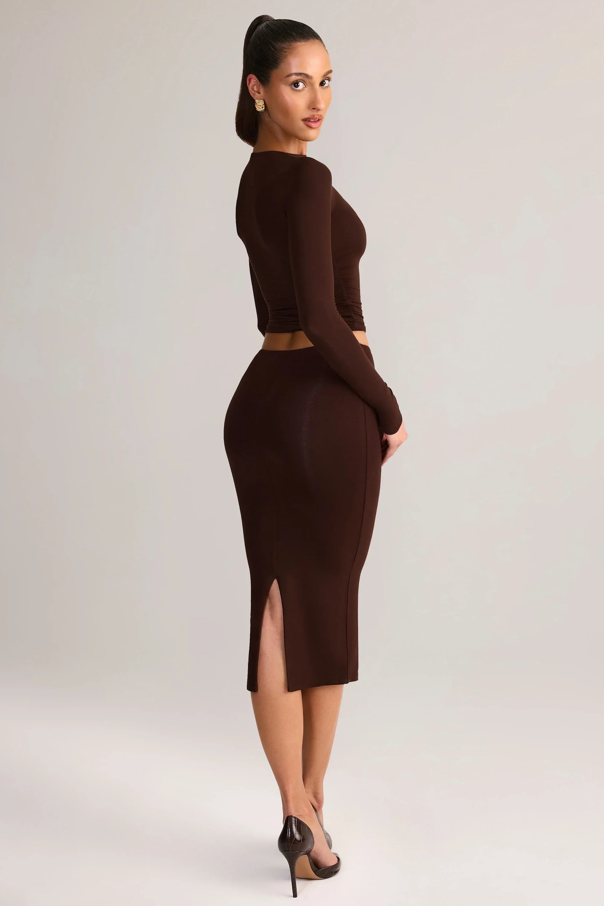 Modal Mid Rise Pencil Midi Skirt in Chocolate Brown