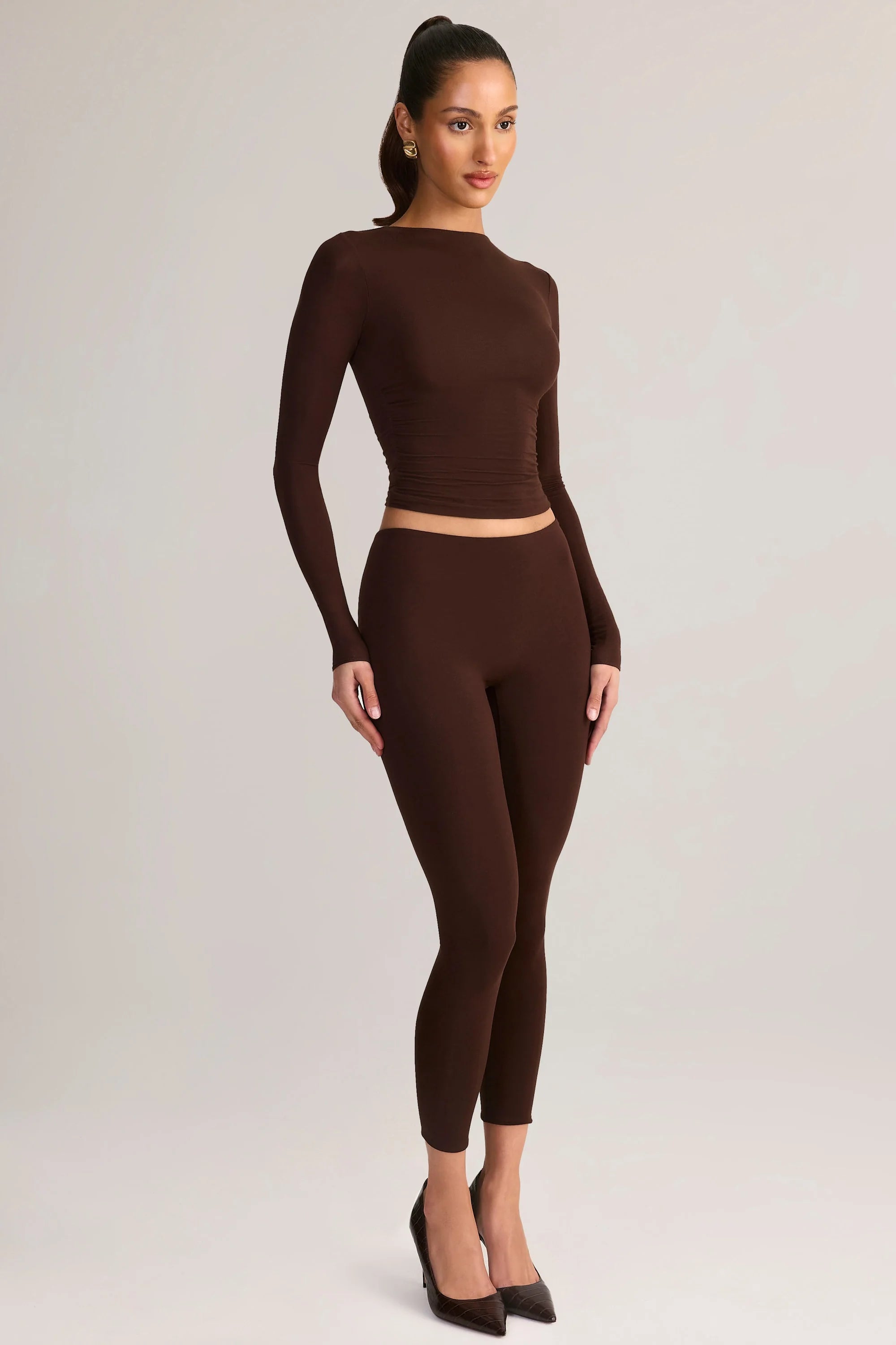 Modal Mid Rise Cropped Leggings in Chocolate Brown