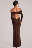 Off Shoulder Long Sleeve Maxi Dress in Chocolate Brown