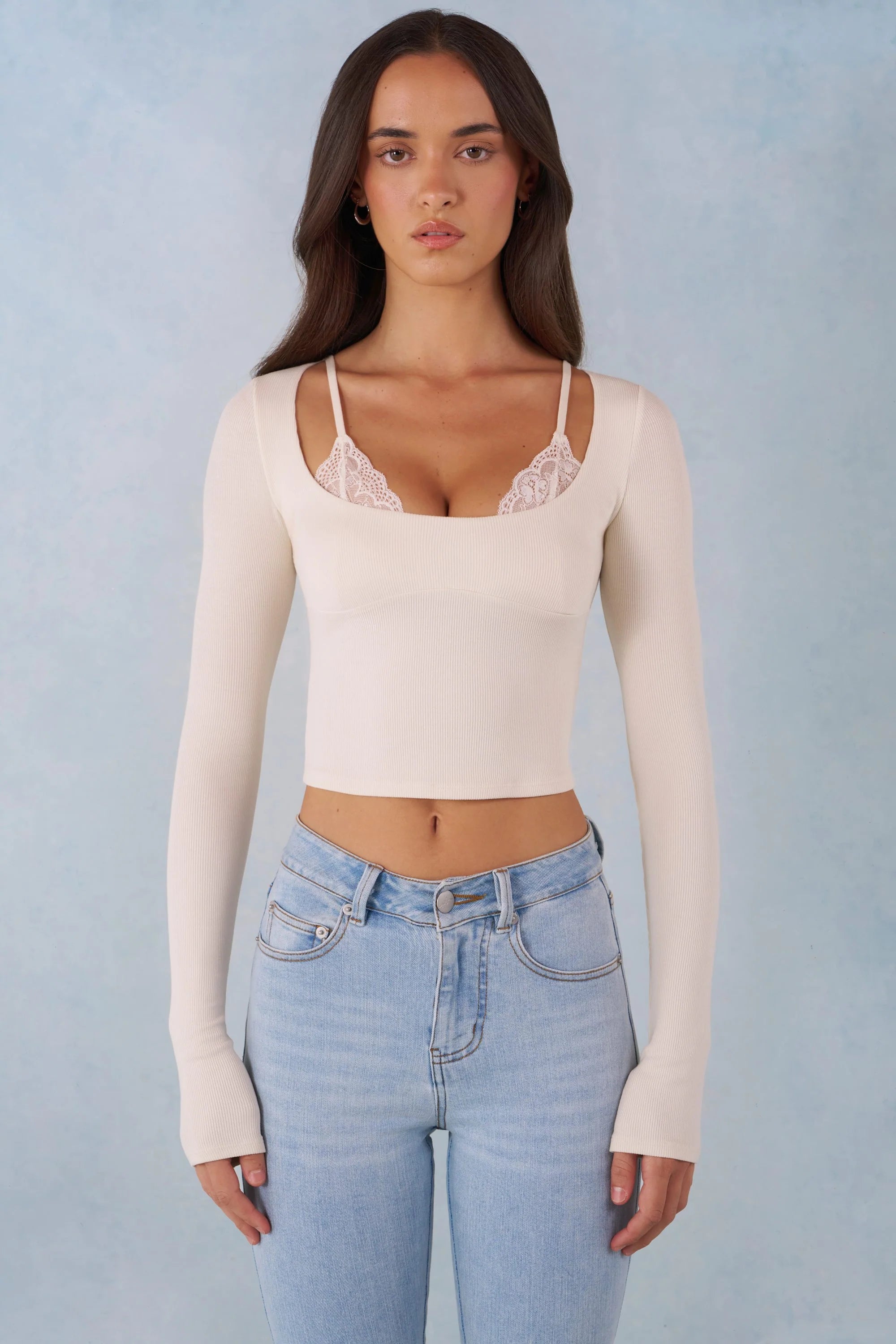 Ribbed Modal Long Sleeve Laced Bra Top in Ivory
