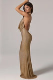 Embellished Cowl Neck Backless Gown in Gold
