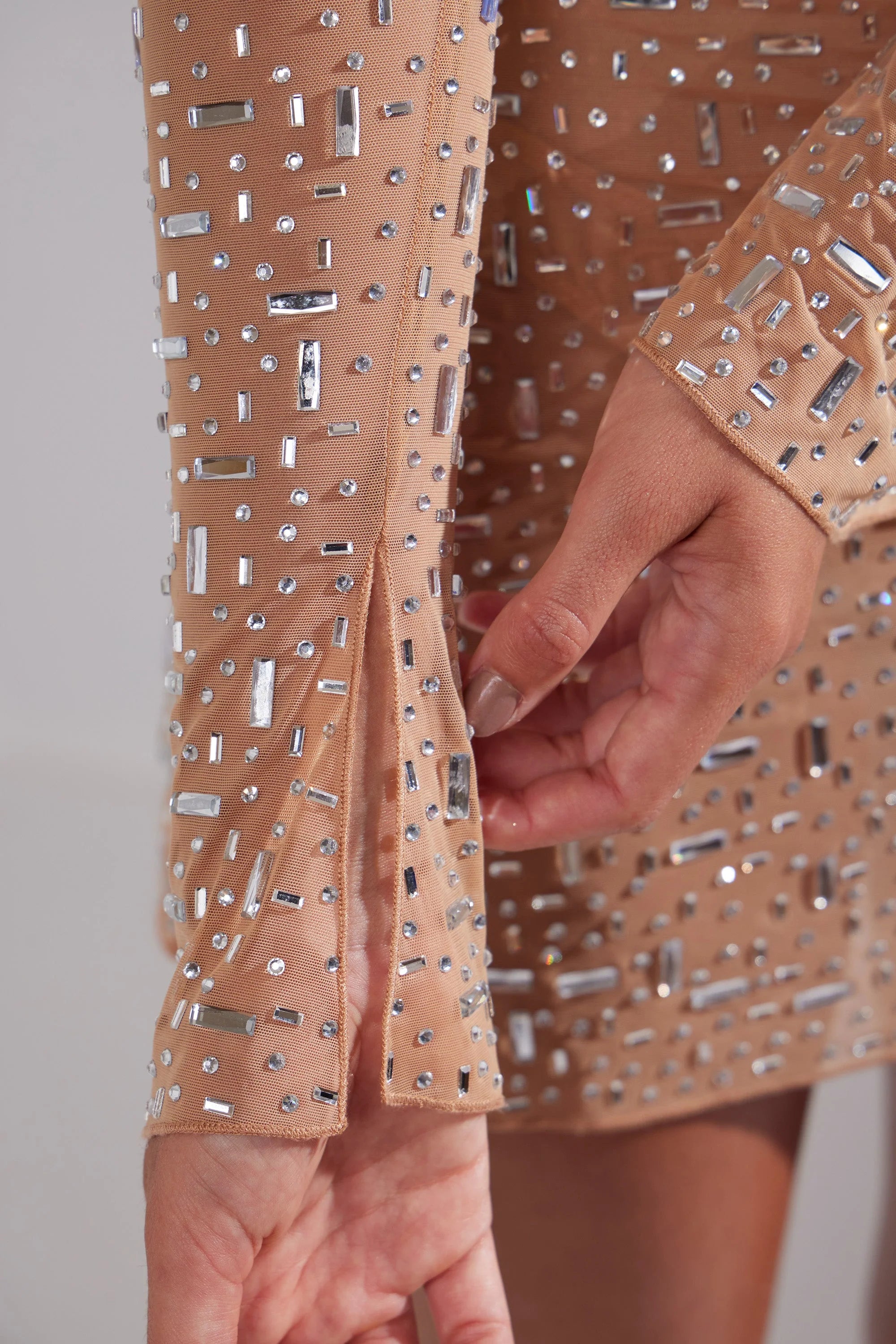 Sheer Embellished Long Sleeve A Line Mini Dress in Almond