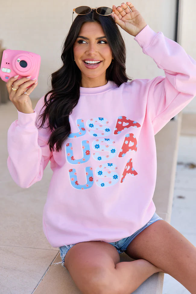 USA Floral Light Pink Oversized Graphic Sweatshirt